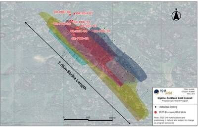 Figure 3: Plan View of Proposed 2025 Ogama-Rockland Drilling (CNW Group/1911 Gold Corporation)