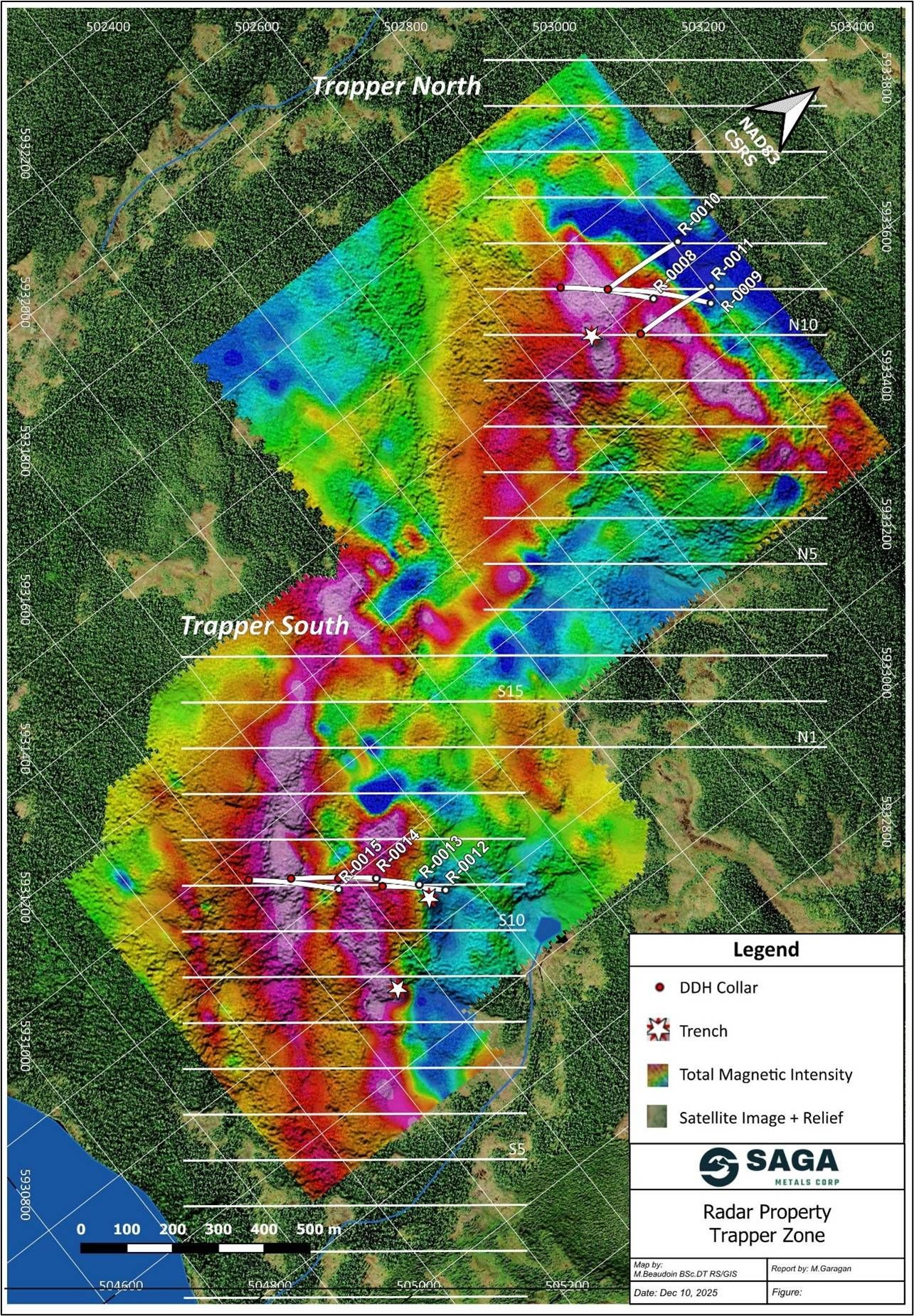 Location of the Phase 1 and Phase 2 of Fall 2025 Drilling at Trapper Zone, showing the TMI of the 2025 Trapper Zone ground magnetic survey.