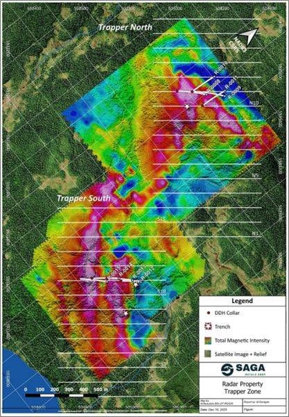 Location of the Fall 2025 phase of drilling at Trapper Zone, showing the TMI of the 2025 Trapper Zone ground magnetic survey as well as the grid for the MRE drill program to be completed in 2026.
